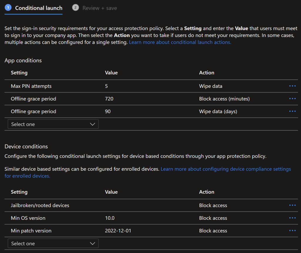 Android MAM Conditional Launch Conditions