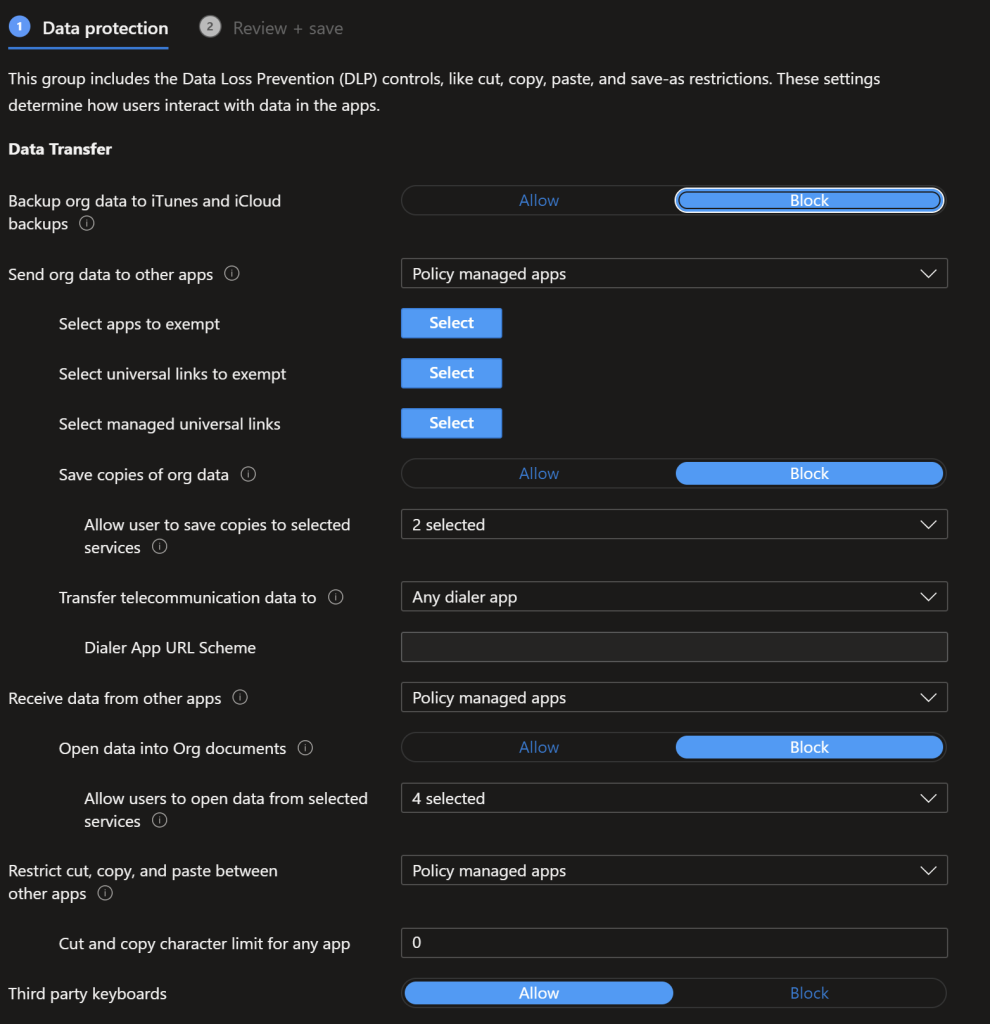 iOS MAM Data Transfer Settings