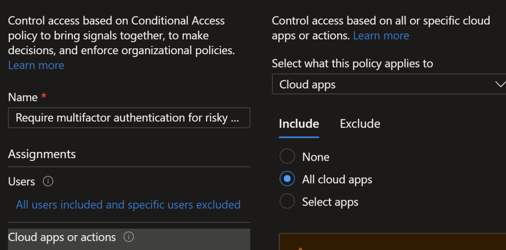 Screenshot of Conditional Access Policy to Require MFA for Medium Risk Users