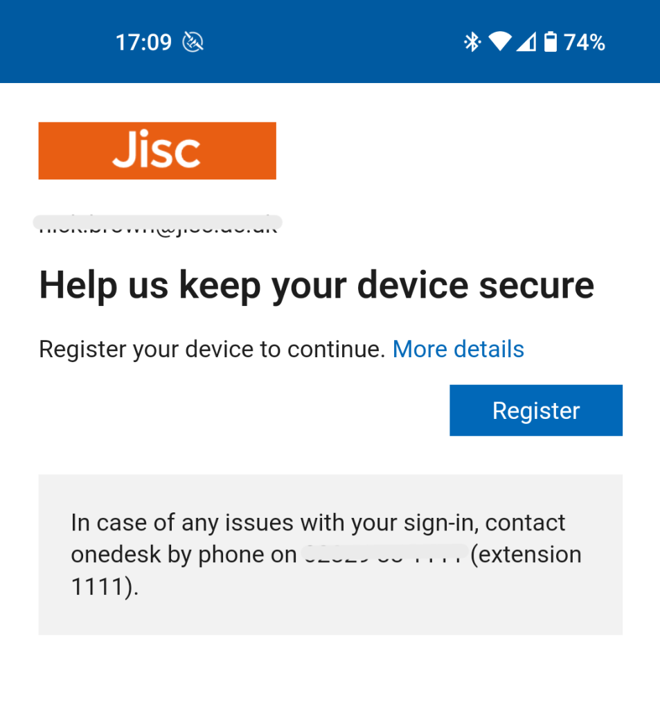 Android screenshot of registering the device