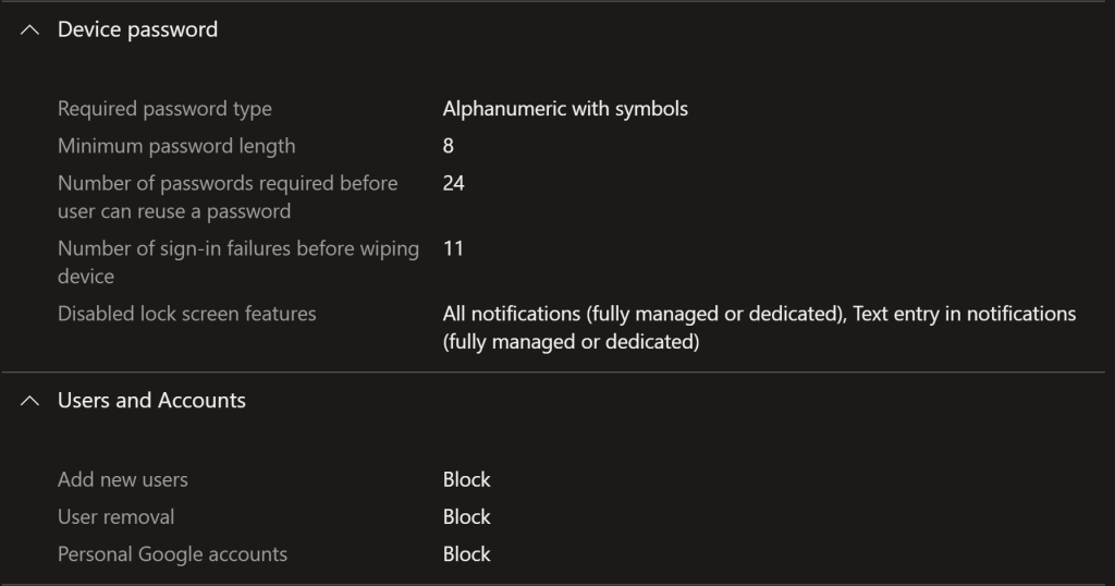 Screenshot of Android Configuration Device Password/User Accounts