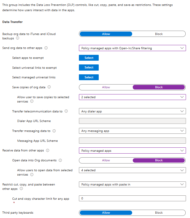 Screenshot of Data transfer settings
