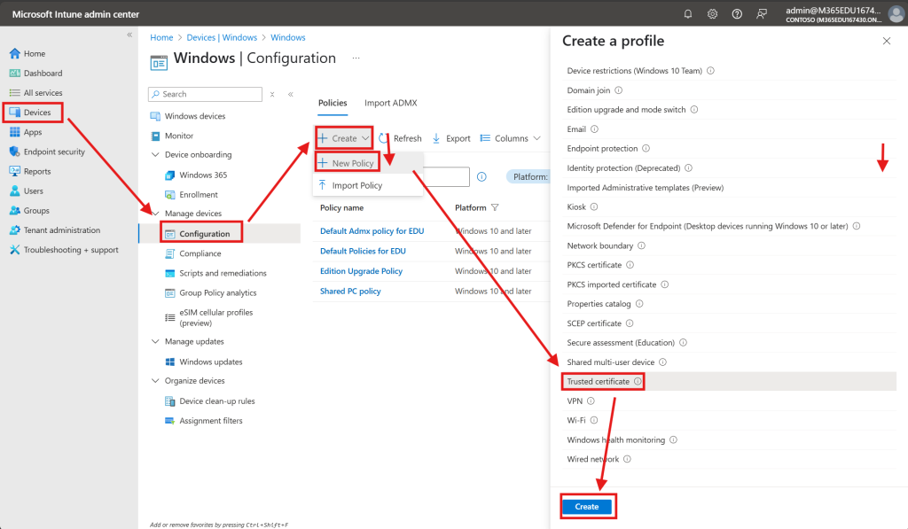 Screenshot of selecting a trusted certificate profile type