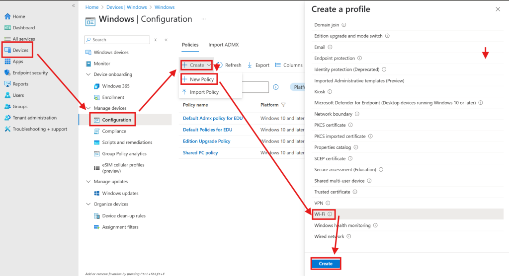 screenshot showing how to select windows wifi profile in Intune